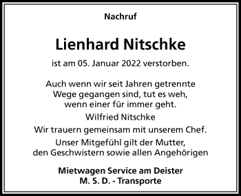 Traueranzeige von Lienhard Nitschke von Hannoversche Allgemeine Zeitung/Neue Presse
