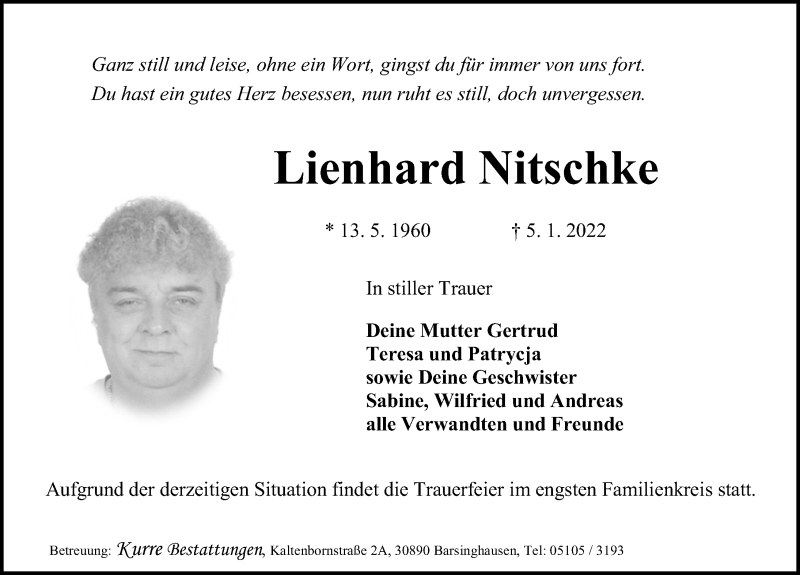  Traueranzeige für Lienhard Nitschke vom 15.01.2022 aus Hannoversche Allgemeine Zeitung/Neue Presse