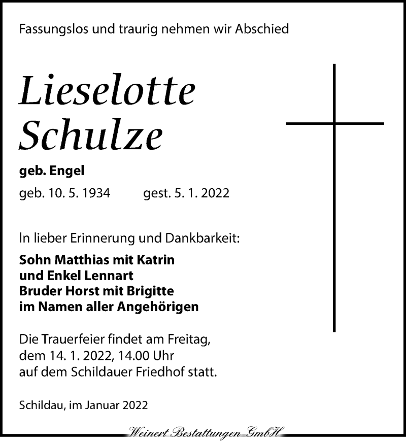  Traueranzeige für Lieselotte Schulze vom 12.01.2022 aus Torgauer Zeitung
