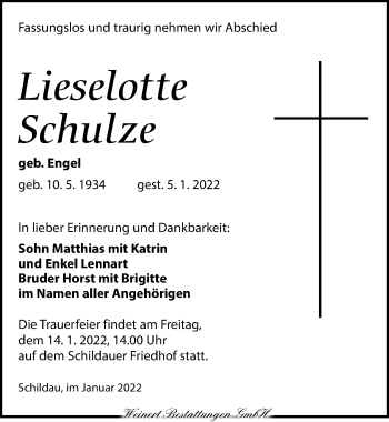 Traueranzeige von Lieselotte Schulze von Torgauer Zeitung