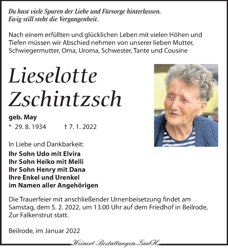  Traueranzeige für Lieselotte Zschintzsch vom 29.01.2022 aus Torgauer Zeitung