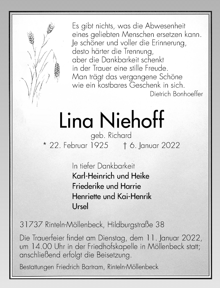  Traueranzeige für Lina Niehoff vom 08.01.2022 aus Schaumburger Nachrichten
