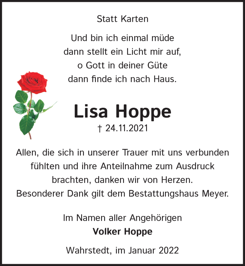  Traueranzeige für Lisa Hoppe vom 08.01.2022 aus Aller Zeitung