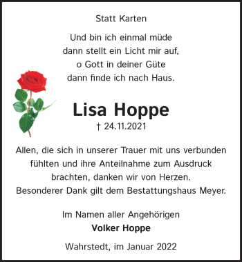 Traueranzeige von Lisa Hoppe von Aller Zeitung