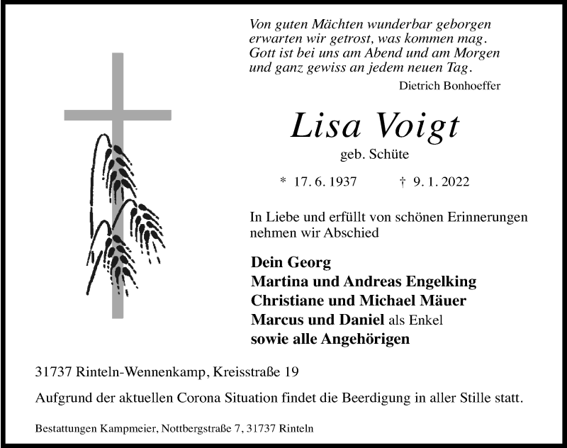  Traueranzeige für Lisa Voigt vom 12.01.2022 aus Schaumburger Nachrichten