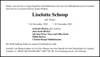 Traueranzeige von Liselotte Schoop von Lübecker Nachrichten