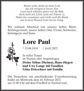 Traueranzeige von Lore Paul von Märkischen Allgemeine Zeitung