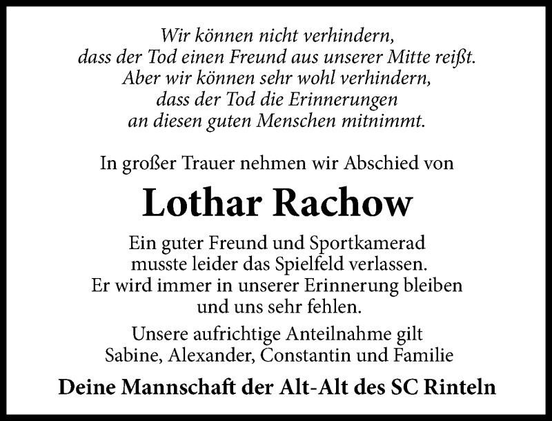  Traueranzeige für Lothar Rachow vom 28.01.2022 aus Schaumburger Nachrichten