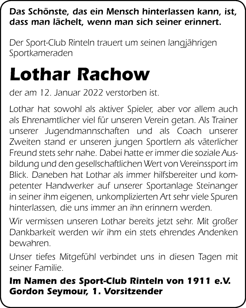  Traueranzeige für Lothar Rachow vom 22.01.2022 aus Schaumburger Nachrichten