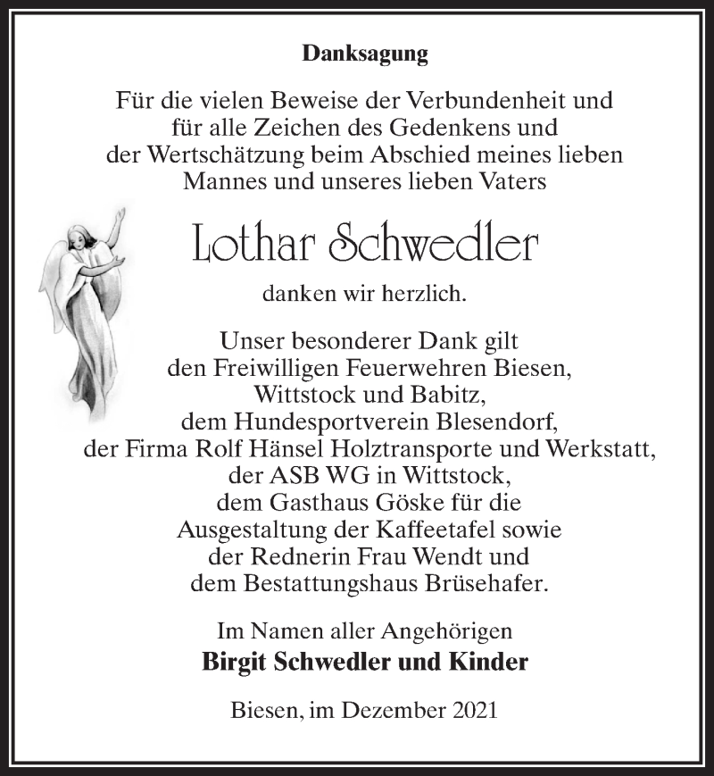  Traueranzeige für Lothar Schwedler vom 24.12.2021 aus Märkischen Allgemeine Zeitung