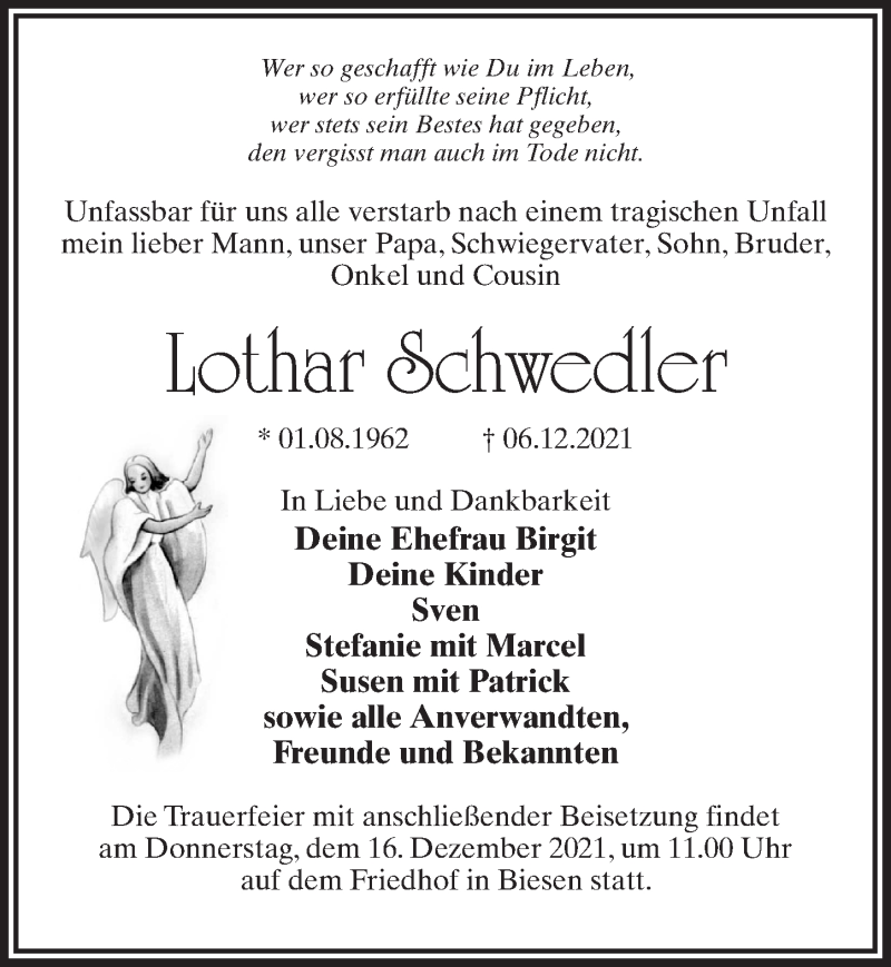  Traueranzeige für Lothar Schwedler vom 11.12.2021 aus Märkischen Allgemeine Zeitung