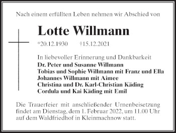 Traueranzeige von Lotte Willmann von Märkischen Allgemeine Zeitung