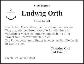 Traueranzeige von Ludwig Orth von Kieler Nachrichten