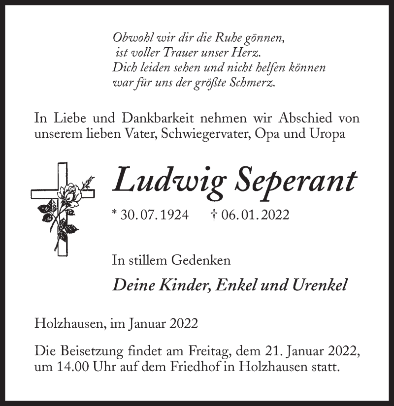  Traueranzeige für Ludwig Seperant vom 12.01.2022 aus Märkischen Allgemeine Zeitung