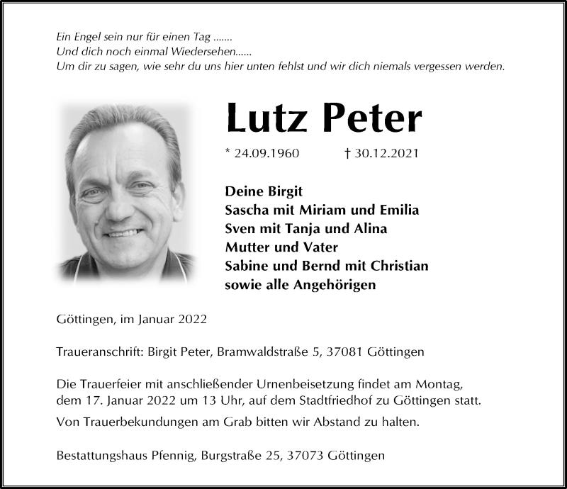  Traueranzeige für Lutz Peter vom 08.01.2022 aus Göttinger Tageblatt