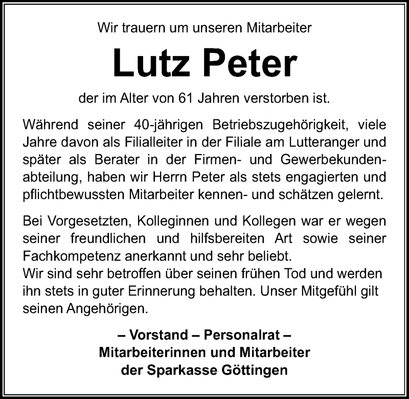  Traueranzeige für Lutz Peter vom 08.01.2022 aus Göttinger Tageblatt