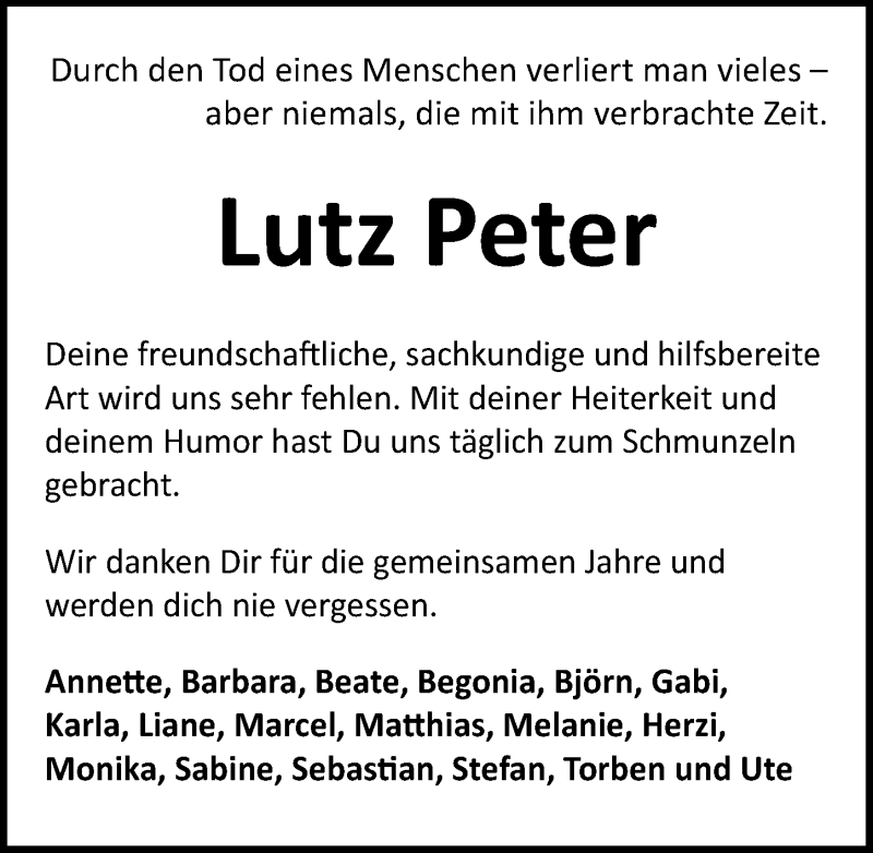  Traueranzeige für Lutz Peter vom 08.01.2022 aus Göttinger Tageblatt