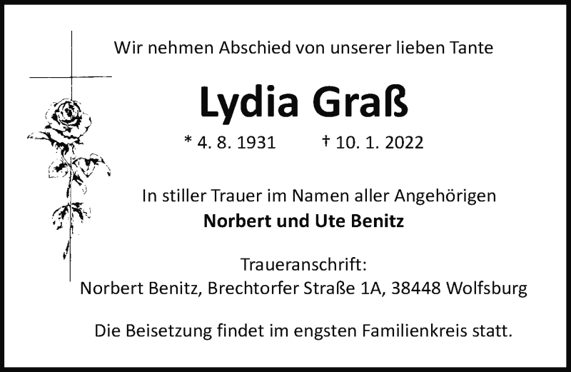  Traueranzeige für Lydia Graß vom 12.01.2022 aus Aller Zeitung