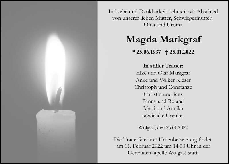  Traueranzeige für Magda Markgraf vom 29.01.2022 aus Ostsee-Zeitung GmbH