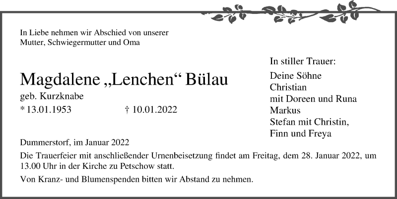  Traueranzeige für Magdalene Bülau vom 22.01.2022 aus Ostsee-Zeitung GmbH