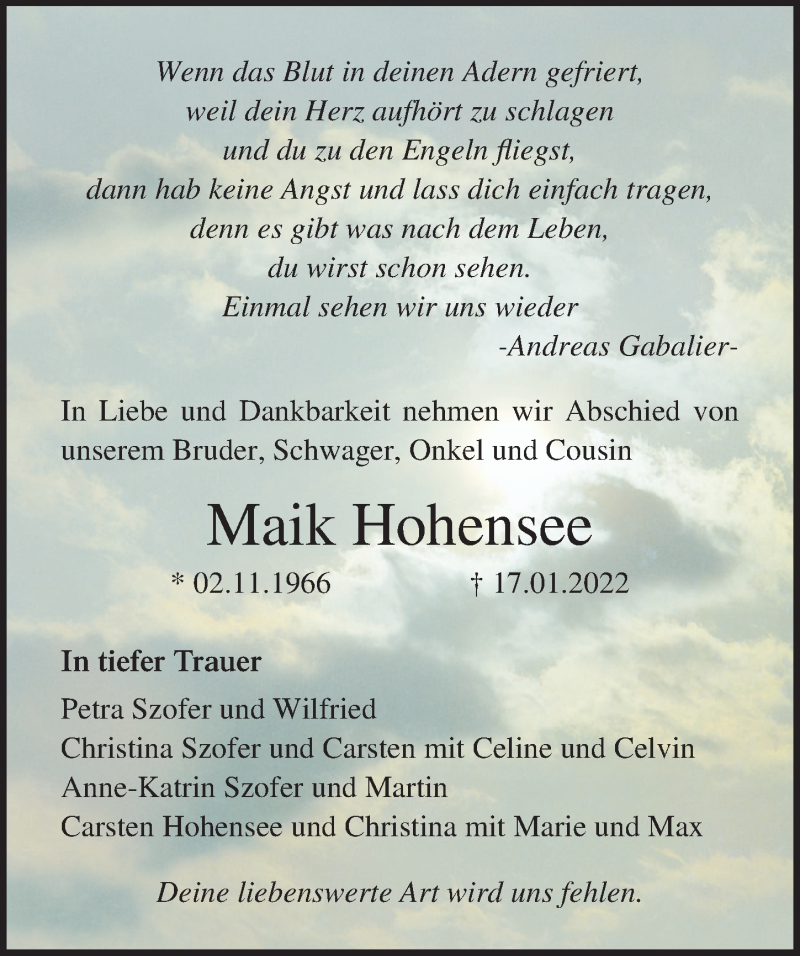  Traueranzeige für Maik Hohensee vom 22.01.2022 aus Ostsee-Zeitung GmbH