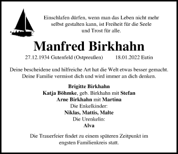 Traueranzeige von Manfred Birkhahn von Lübecker Nachrichten