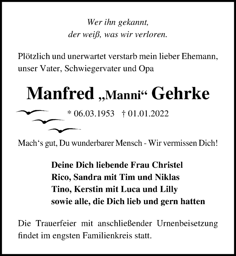  Traueranzeige für Manfred Gehrke vom 08.01.2022 aus Ostsee-Zeitung GmbH
