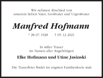 Traueranzeige von Manfred Hofmann von Märkischen Allgemeine Zeitung