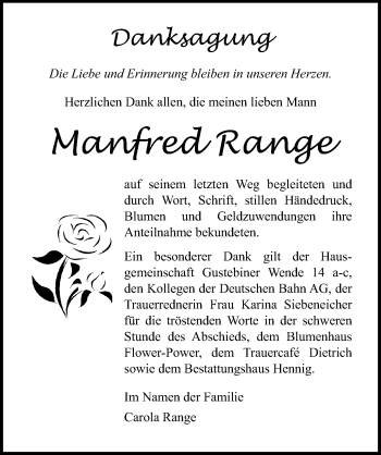 Traueranzeige von Manfred Range von Ostsee-Zeitung GmbH