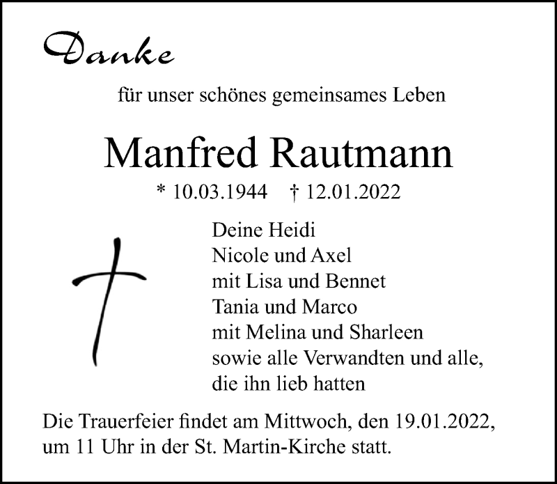  Traueranzeige für Manfred Rautmann vom 16.01.2022 aus Lübecker Nachrichten
