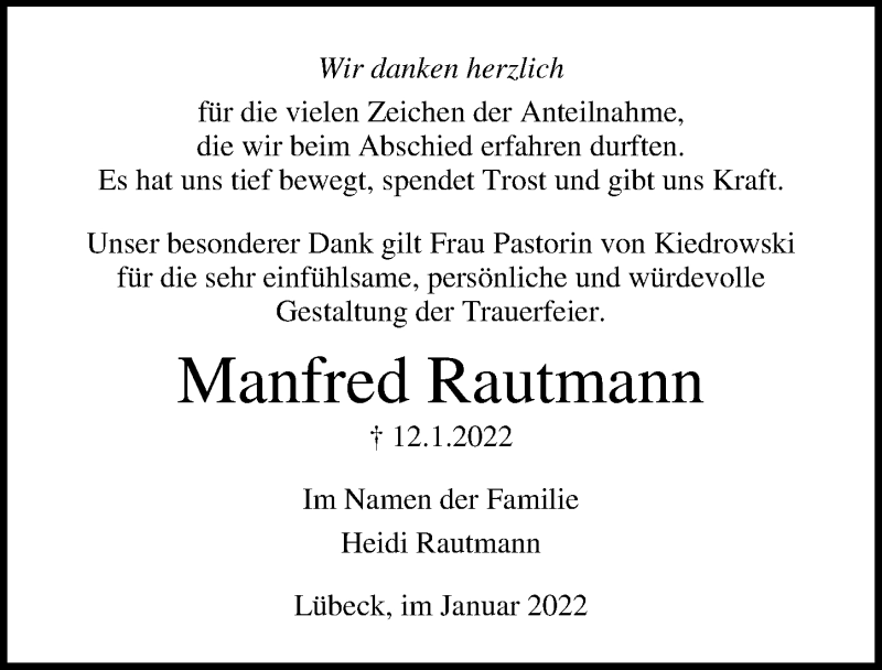  Traueranzeige für Manfred Rautmann vom 30.01.2022 aus Lübecker Nachrichten