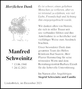 Traueranzeige von Manfred Schweinitz von Märkischen Allgemeine Zeitung