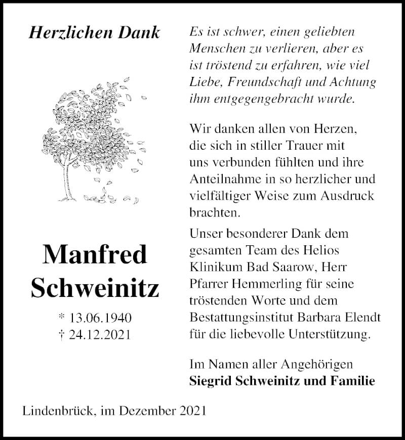  Traueranzeige für Manfred Schweinitz vom 15.01.2022 aus Märkischen Allgemeine Zeitung