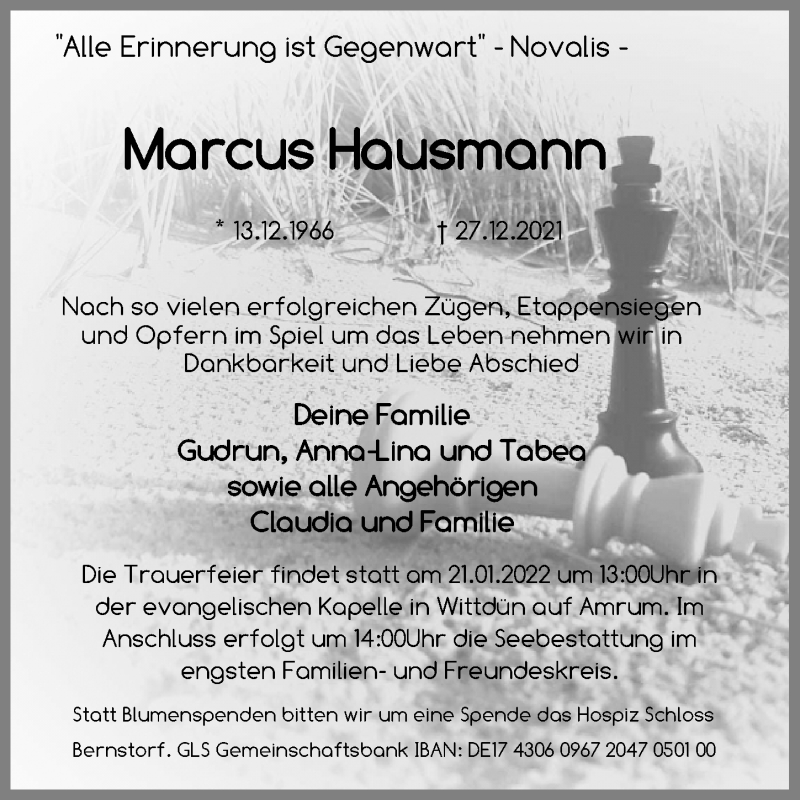  Traueranzeige für Marcus Hausmann vom 08.01.2022 aus Ostsee-Zeitung GmbH