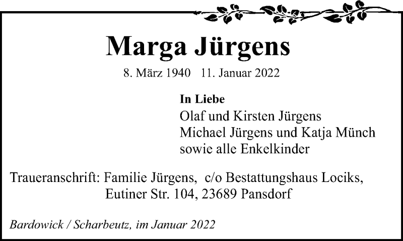  Traueranzeige für Marga Jürgens vom 15.01.2022 aus Lübecker Nachrichten