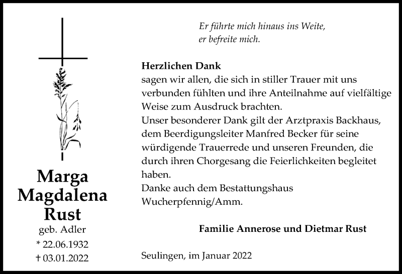  Traueranzeige für Marga Magdalena Rust vom 29.01.2022 aus Göttinger Tageblatt