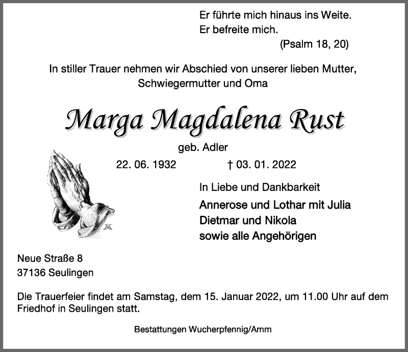  Traueranzeige für Marga Magdalena Rust vom 08.01.2022 aus Göttinger Tageblatt