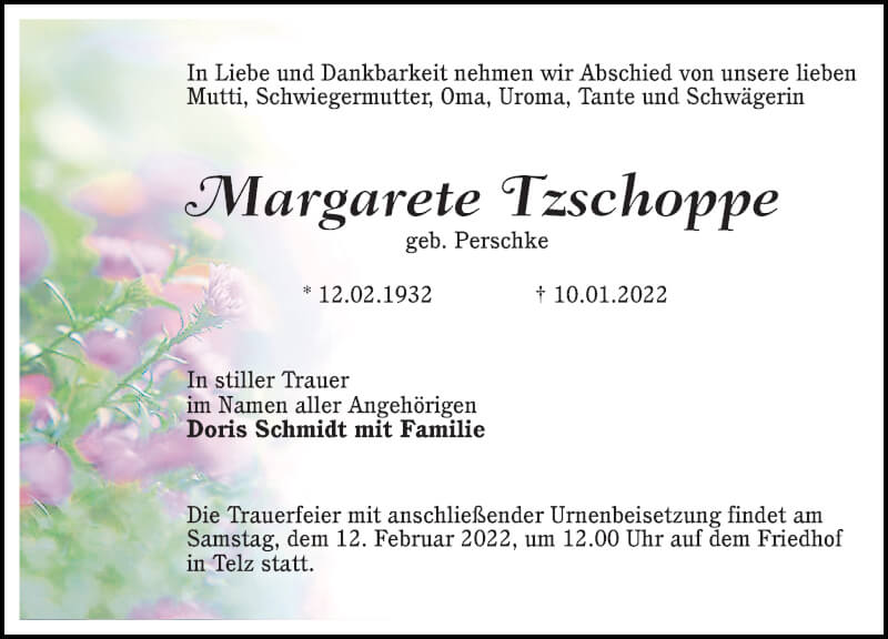  Traueranzeige für Margarete Tzschoppe vom 29.01.2022 aus Märkischen Allgemeine Zeitung