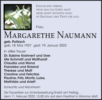 Traueranzeige von Margarethe Naumann von Leipziger Volkszeitung
