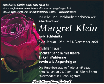 Traueranzeige von Margret Klein von Leipziger Volkszeitung