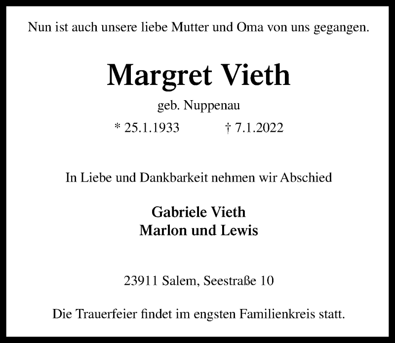  Traueranzeige für Margret Vieth vom 15.01.2022 aus Lübecker Nachrichten