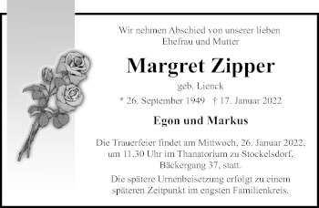 Traueranzeige von Margret Zipper von Lübecker Nachrichten