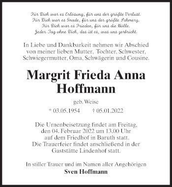Traueranzeige von Margrit Frieda Anna Hoffmann von Märkischen Allgemeine Zeitung
