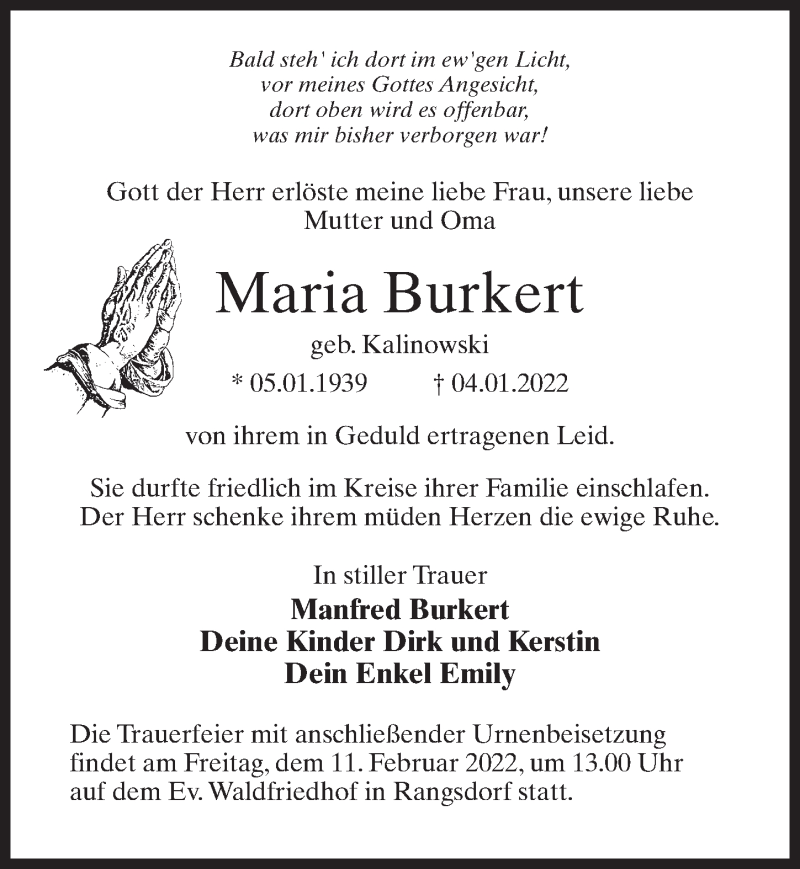  Traueranzeige für Maria Burkert vom 22.01.2022 aus Märkischen Allgemeine Zeitung