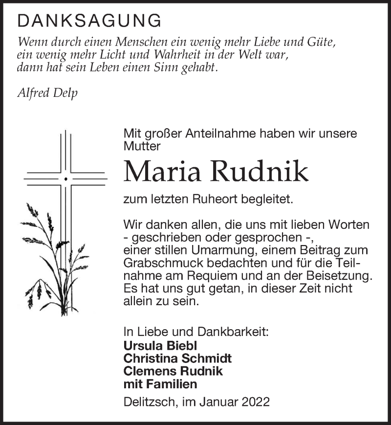  Traueranzeige für Maria Rudnik vom 29.01.2022 aus Leipziger Volkszeitung