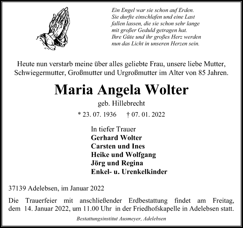  Traueranzeige für Maria Angela Wolter vom 11.01.2022 aus Göttinger Tageblatt