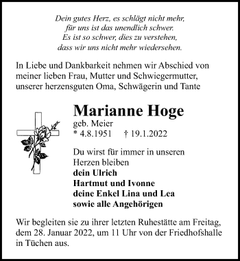 Traueranzeige von Marianne Hoge von Märkischen Allgemeine Zeitung