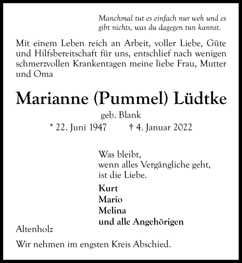  Traueranzeige für Marianne Lüdtke vom 08.01.2022 aus Kieler Nachrichten