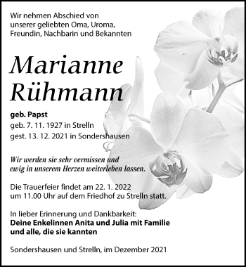 Traueranzeige von Marianne Rühmann von Torgauer Zeitung