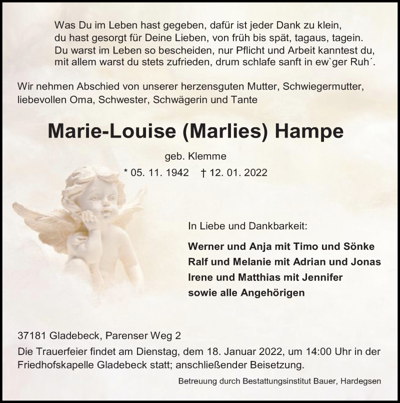  Traueranzeige für Marie-Louise Hampe vom 15.01.2022 aus Göttinger Tageblatt
